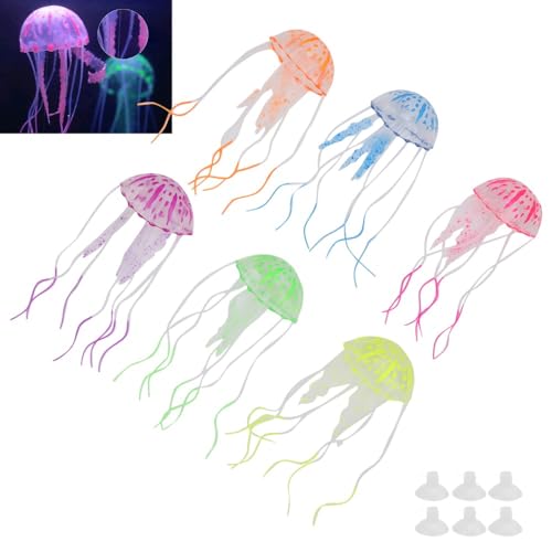 6 Pack Silicone Jellyfishes Lifelike Aquarium Decor with Transparent Suction Cups Water Flow Movement for Fish Tank Ornament