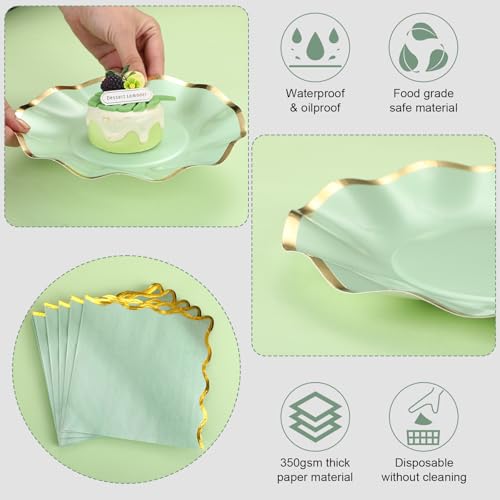 Havawish 48 Pcs Sage Green Scalloped Party Paper Plates and Napkins Cocktail Disposable 8'' Sage Green Dessert Paper Plates with Gold Foil Edge for Baby Shower Dinner Wedding Birthday Party Supplies - color: Sage Green