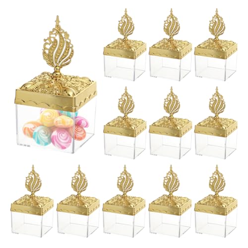Eforcase 12PCS Royal Golden Clear Candy Boxes with Ornate Crown-Shaped Lid for Ramadan, Eid, Weddings, Parties & Gifts - color: golden clear