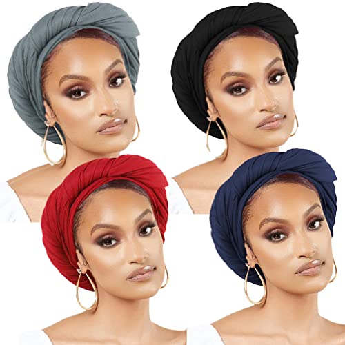 Nonbongoy Head Wraps for Black Women Stretch Headwraps Large Hair Wraps Hijab Scarves for Muslim Head Scarf Turban Headbands - color: 4-black&wine Red&navy Blue&wine Red