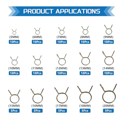 15Values Spring Hose Clamps Assortment Kit 5mm 6mm 7mm 8mm 9mm 10mm 11mm 12mm 13mm 14mm 15mm 16mm 17mm 18mm 20mm Spring Clips Clamp - size: Spring Hose Clamps 125pcs
