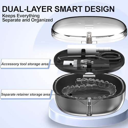Dental Retainer Box Case Orthodontic Retainer Container with Removal Tool, Chew and Travel Brush, Double-layer Mouth Guard Holder Container Case with Mirror - Transparent Black - color: Transparent Black