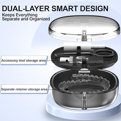 Dental Retainer Box Case Orthodontic Retainer Container with Removal Tool, Chew and Travel Brush, Double-layer Mouth Guard Holder Container Case with Mirror - Transparent Black - color: Transparent Black