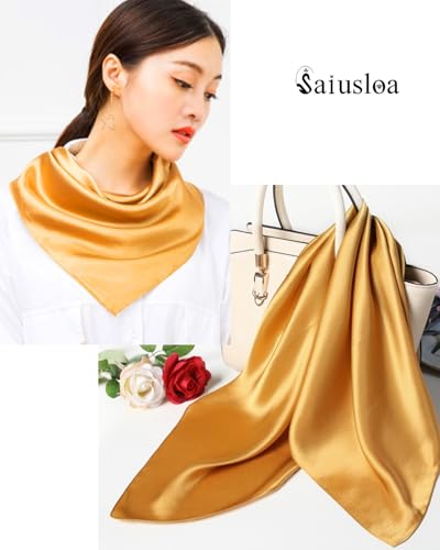 Saiusloa Solid Color Neck Scarf For Women Square Satin Head Scarves headband Bandanas 23.6× 23.6 inches - color: 9-orange
