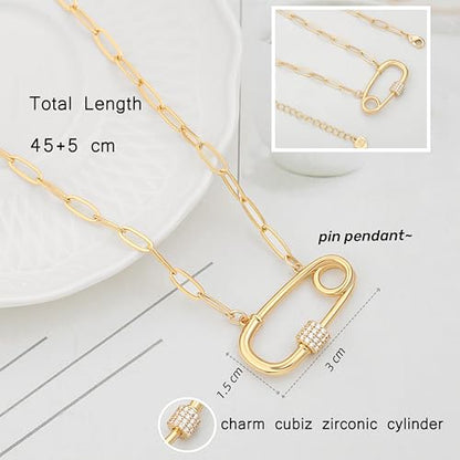 POTESSA 18K Gold Plated Pendant Necklace Medallion Coin Heart Y Shaped Chain Toggle Necklace for Women Jewelry - color: Pin