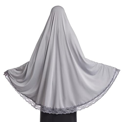 Muslim Women's Instant Big Hijab Jersey Turbans Khimar Abaya Soft Prayer Scarf, 1pc Lace - color: Grey, size: X-Large