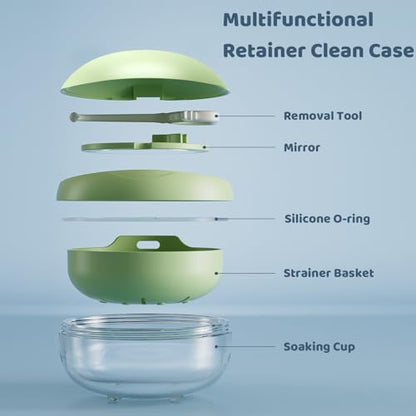 Retainer Case for Cleaning,Denture Bath Case with Strainer Basket No-Leak Mouth Guard Cute with Retainer Removal Tool and Brush(Green Hanburger) - color: Green Hanburger