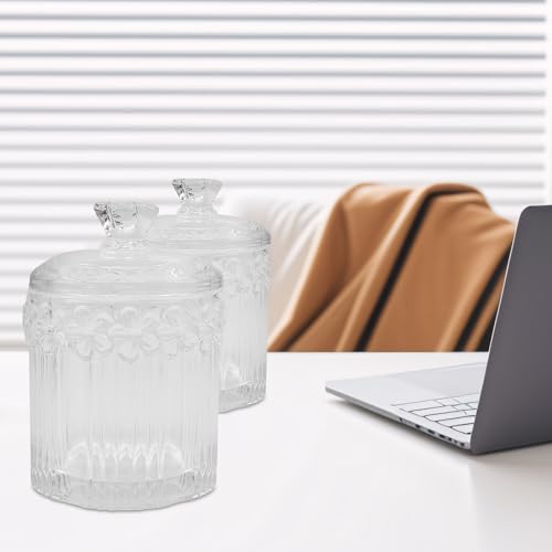 2 Pack Glass Qtip Holder Canisters with Lids, Crystal Clear Apothecary Jars for Cotton Balls, Swabs, Floss, Candy & Makeup Pads, Bathroom Vanity Organizers & Beauty Storage(Clear)