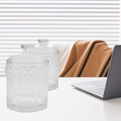 2 Pack Glass Qtip Holder Canisters with Lids, Crystal Clear Apothecary Jars for Cotton Balls, Swabs, Floss, Candy & Makeup Pads, Bathroom Vanity Organizers & Beauty Storage(Clear)
