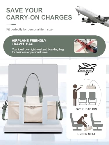 Gym Bag for Women Men with Shoe Compartment, Sport Duffel Bag, Waterproof Travel Weekender Overnight Carry on Bag for Yoga with Trolley Sleeve, Beige Green - color: A7-Beige Green