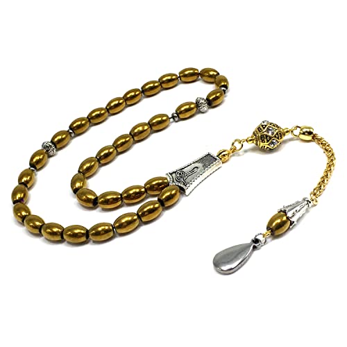-Gentle Men Collection- Prayer Beads-Worry Beads-Tesbih-Tasbih-Tasbeeh-Misbaha-Masbaha-Subha-Sebha-Rosary (Non-Magnetic Gold Drum Hematite -6x9 mm- 33 Beads) - color: Non-Magnetic Gold Drum Hematite -6x9 mm- 33 Beads