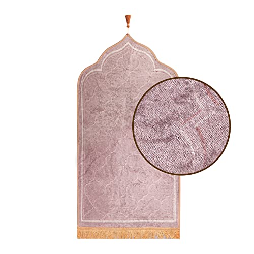 Muslim Prayer Rug Islamic Mat for Muslim Prayers Great Ramadan Gift for Muslim Men Women Portable Prayer Mat Rug Turkish Pocket Praying Rug Thick Large Padded Sajadah Muslim Prayer Rug Velvet Carpet - color: Light Tan