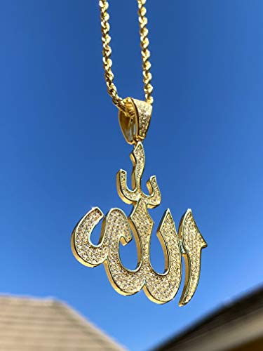 God Allah Men Women 925 Italy Gold Finish Iced Silver Charm Ice Out Pendant Stainless Steel Real 2 mm Rope Chain Necklace, Mans Jewelry, Iced Pendant, Rope Necklace 16"- 24" - style: 20" Chain + Pendant