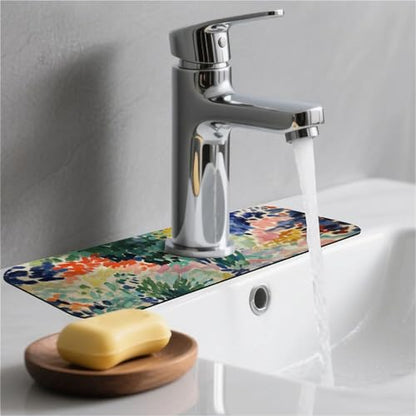 Kitchen Sink Splash Guard，Enchanting garden-1 Faucet Mat Sink Gadgets-Super Absorbent Fast Drying Mat Drip Catcher for Kitchen, Bathroom,Sink Mat, Dish Drying Mat, Bathroom(15" X 5.5" ) - color: Enchanting garden-1