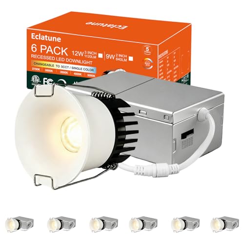 3 Inch Anti-Glare Recessed Lighting IP65 Shower Light 5CCT Waterproof LED Downlight with Junction Box, 2700K-5000K Selectable CRI90+, 12W COB, 1120LM Dimmable ETL 6 Pack - color: White-6P, size: 3 Inch