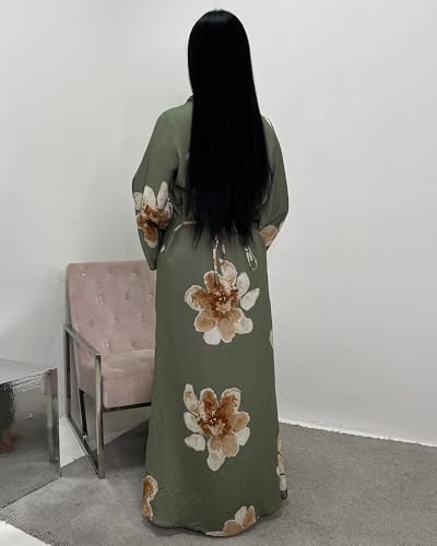 Women Butterfly Abaya Elegant Prayer Dress with Bell Sleeve, Waist Tie, Stylish Floral Printed Maxi Robe - color: Green, size: Small