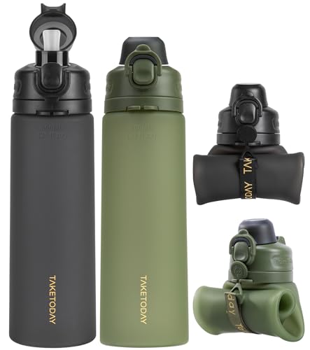 TakeToday Collapsible Water Bottles 21oz (600mL), Foldable Platinum Silicone Travel Water Bottle with Straw & Carry Strap, Leak-Resistant Screw Lid, Wide Mouth, BPA-Free for Hiking, Camping, Travel - color: Black&Jungle