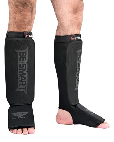 Be Smart MMA Shin Guards for Kickboxing, Muay Thai & Martial Arts – Padded Instep Protection, Lightweight Cotton Elastic Shin Pads – Adult & Youth Training Gear - color: Black/Black, size: Small-Medium