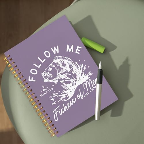 WUCHJ Purple Retro Fish Christian Notebook, Matthew 4:19 Bible Verse Journal, Religious Scripture Spiral Notebook Journal for Note Taking, Christian Faith Based Gifts for Women Men, 5.5x8.3 Inch - color: purple fish follow me