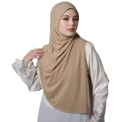 Ready To Wear Instant Hijab for Women Girls Muslim Slip-On Khimar Hijab Scarf Rhinestone Hijabs Islamic Abaya Turban - color: Apricot
