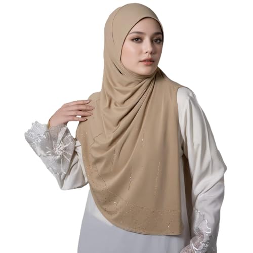 Ready To Wear Instant Hijab for Women Girls Muslim Slip-On Khimar Hijab Scarf Rhinestone Hijabs Islamic Abaya Turban - color: Apricot