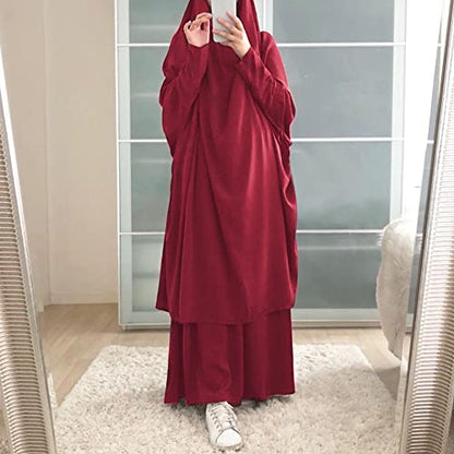 Prayer Clothes for Muslim Women Islamic Abaya Suit Maxi Skirt + Khimar Hijab 2pcss Burka Jilbab Kaftan - color: Wine Red