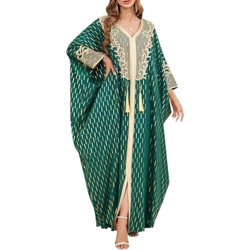 OBEEII Muslim Dress for Women Loose Batwing Sleeved Hooded Beaded Embroidery Long Abaya Dress Kaftan Abayas Islamic Robe - color: Green-floral Embroidery