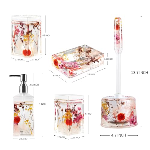 Bathroom Vanity Accessory Set Acrylic Liquid 3D Floating Motion Toothbrush Holder, Tumbler, Soap Dispenser, Soap Dish, Toilet brush, 5-Piece Accessory Set Garden Botanic Pink Plants - size: 5-piece, style: Pink Plant