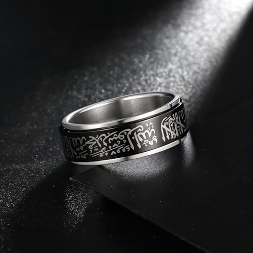 Hipunk Stainless Steel Islamic Muslim Shahada Ring - Mohammad Arabic Letter Rings Band Prayer Religious Calligraphy Ayatul Kursi Allah Rings Eid Ramadan for Men Women Size 9-12 - color: Rotatable-black