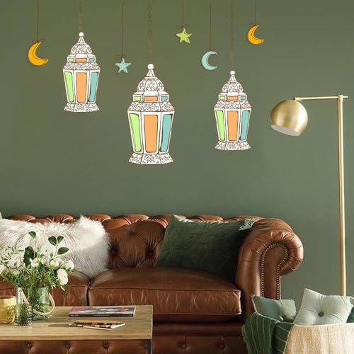 Eid Mubarak Wall Stickers Colorful Lantern Moon Star Wall Decals Ramadan Decorations for Home Bedroom Wall Paper Islamic Decor Window Clings Muslim Wallpaper Kareem Party Wall Mural (Style2) - color: Style2