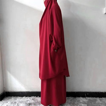 ODIZLI Two Pieces Jilbab and Dress for Muslim Women Long Khimar and Skirt Available for Prayer - color: Wine Red