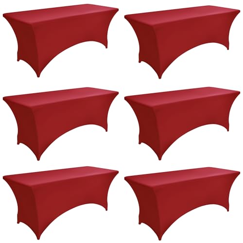 6-Pack 6ft Spandex Table Covers for Rectangle Standard Folding Tables - Wrinkle Resistant Stretch Tablecloths - Ultimate Fitted Table Protector for Parties, Trade Shows, Wedding - color: Burgundy, size: 6-foot | 6-pack