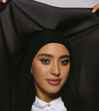Instant Chiffon Hijab 3-in-1 with Built-in Magnets and Attached Match Undercap, Women Hijabs Set. - color: Black