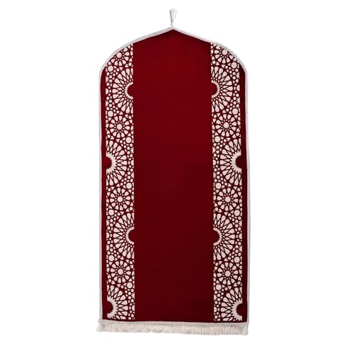 Modefa Turkish Islamic Prayer Mat - Chenille with Foam and Carrying Bag - Intricate Praying Rug Ramadan Eid Gift - Traditional Muslim Janamaz Seccade for Men Women - Mustaqim (Red) - color: Red