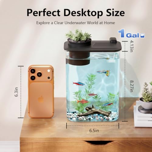 1 Gallon Betta Fish Tank Aquarium Starter Kit with Light and Lid(Black) | Premium Acrylic Aquarium with Light and Lid, Crystal Clear Starter Kit for Betta Fish, Shrimp, Snails and Small Fish - color: Black, size: 1 Gallon