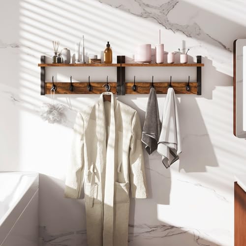 YMYNY Coat Rack Shelf Wall Mounted, Coat Hooks Set of 2, Entryway Coat Hanger with 8 Hooks, 31.5" Wall Floating Shelf with Hat Rack, for Kitchen, Bedroom, Bathroom, Rustic Brown UHWS001H-2 - color: Rustic Brown, size: 31.5"-2 pack