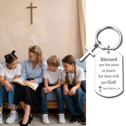 GiftYou Inspirational Scripture Metal Key Chains with Cross Pendant - Bible Verse Keychain Religious Gift for Christian - color: Matthew 5:8