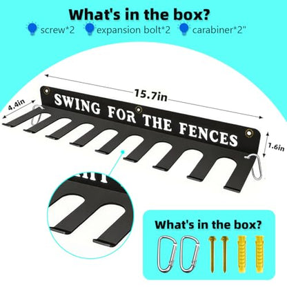 Baseball Softball Bat Holder Storage Rack Organizer Hanger Hook Home Field Hanging Fence Holds 14 Bats Wall Mount Equipment Sports Carabiners Included Metal - style: SWING