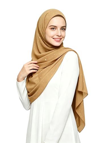 Lina & Lily Sparkle Shimmer Gold Glitter Women's Chiffon Hijab Head Scarf Shawl Wrap Lightweight - color: Camel