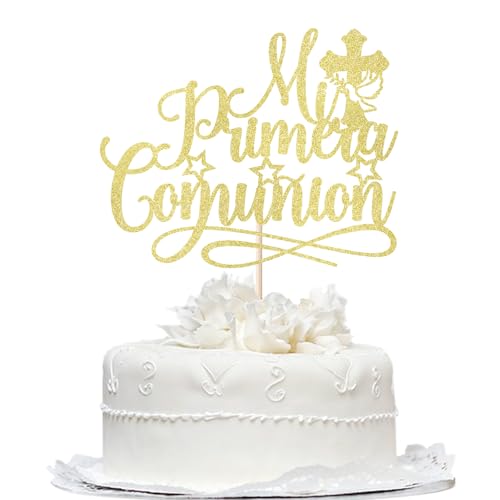 Mi Primera Comuni贸n Cake Topper, First Holy Communion Decorations - color: Gold (Blue)