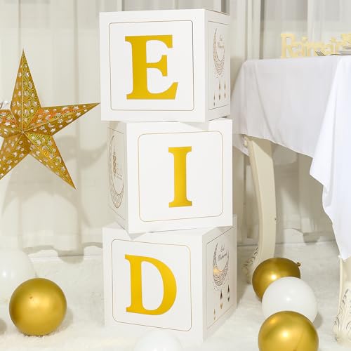 Eid Mubarak Decoration for Home 2026 - 89 White Gold Balloon Arch with Eid Mubarak Star Balloons,Star Moon Balloon Boxes,Ramadan Party Supplies Decorations for Ramadan Festival