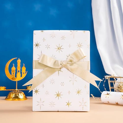 RUSPEPA Eid Wrapping Paper Roll, Mini Roll, White and Gold 3D Embossed Foil Star Design, White Kraft Gift Wrap Paper for Ramadan, Birthday, Wedding, Baby Shower, Holiday, 17 Inches x 16.4 Feet - color: White Gold Foil Star, size: 17 in x 16.4 ft
