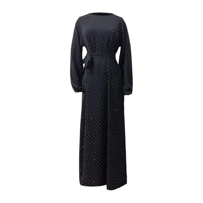 Muslim Dresses for Women Maxi Dress with Belt Long Sleeve Crew Neck Dress Long Casual Church Dress Prayer Clothes - color: Black, size: X-Large