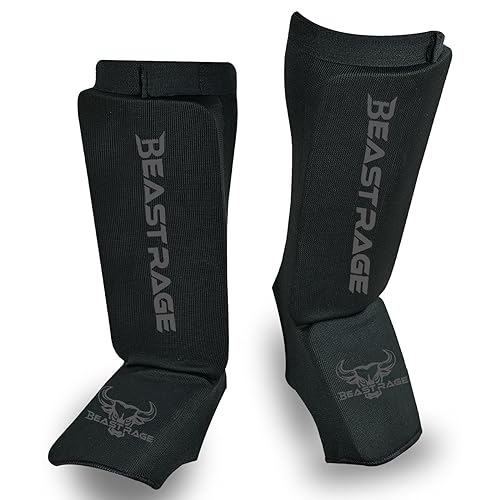 BEAST RAGE Shin Guards for Muay Thai, Kickboxing, MMA Leg Guards Martial Arts Taekwondo, Boxing, Elasticated Sock Padded Leg Instep Pads, Shin Pads,Sparring Training, Karate BJJ - color: BLACK, size: X-Large