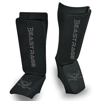 BEAST RAGE Shin Guards for Muay Thai, Kickboxing, MMA Leg Guards Martial Arts Taekwondo, Boxing, Elasticated Sock Padded Leg Instep Pads, Shin Pads,Sparring Training, Karate BJJ - color: BLACK, size: X-Large