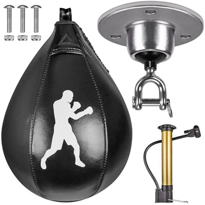Benelabel Boxing Speed Bag with 360° Swivel Mount Premium Leather Boxing Speed Bag with Hanger and Inflator - Easy to Install and Use - Improve Your Speed and Reflexes - color: Black Speed Bag with Mount