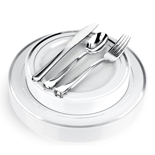 125-Piece White and Silver Fancy Plastic Plates Disposable with Silverware, Elegant Dinnerware for Weddings, Holiday Party China, Set of 25 Dinner + Salad Plates, 25 Spoons, 25 Forks, 25 Knives - color: Silver Rim