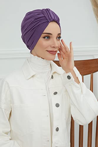 Aisha's Design Instant Turban Plain Cotton Scarf Head Wrap Lightweight Hat Bonnet Cap for Women - color: Purple