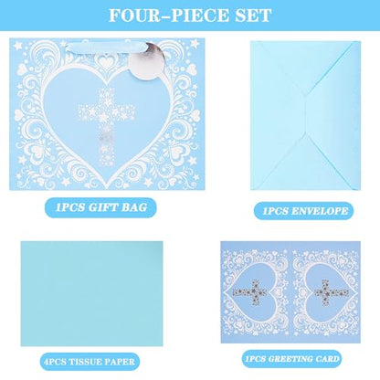 JWSCYSY 12.6" Large Blue Gift Bag with Metallic Silver Star Cross Design, Card and Tissue Paper for Baby Boy Baptisms, Christenings, First Communions Religious - color: Blue 12.6"