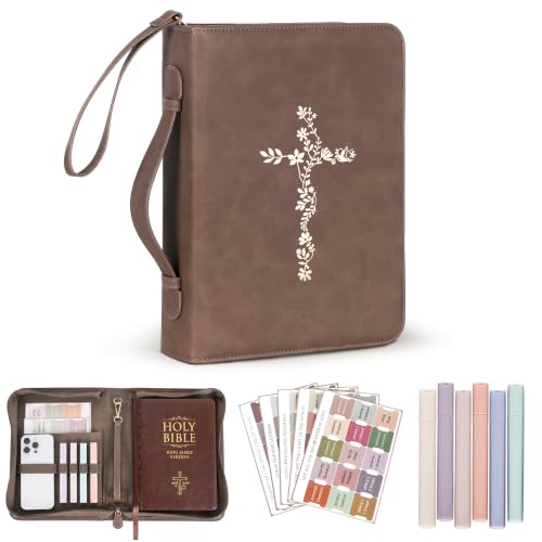 LISWIT Bible Cover for Women, Large Bible Case with Shoulder Strap - Durable PU Leather Carrying Bag Sleeve, Christian Gifts for Women (Brown/Gold) - color: (Brown/Gold)